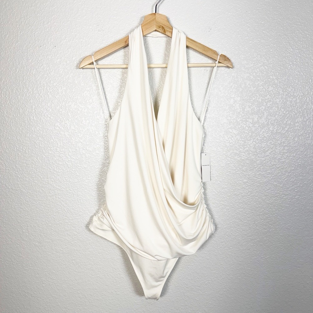 Abercrombie & Fitch NWT Size L Draped Plunge Bodysuit Surplice Halter Top Ivory
